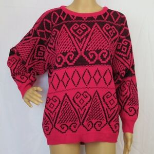 Vintage Kate Collins Sweater Red Pink Geo Diamond 90s 80s Knit Med Cute Pullover